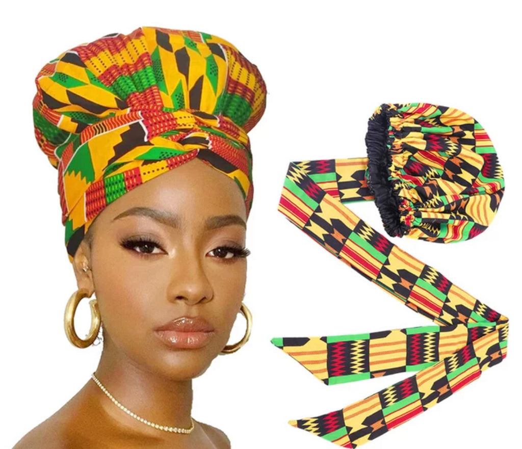 Tribe African Print Satin Lined Bonnet Head Wrap– BlackHairandSkincare